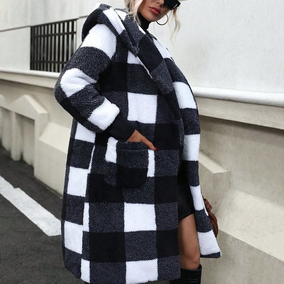 Black & White Casual Preppy Womens Buffalo Plaid Pattern Hooded Teddy Coat - Picture 4 of 6
